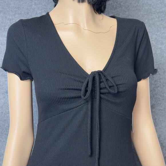 Black Mini Dress Babydoll Rib Knit Lettuce Edge Tie Front BP S Whimsigoth Retro - Picture 5 of 15